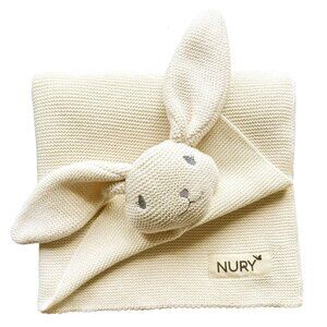 NURY Unique Soft Organic Cotton Knit Baby Blanket with Bunny head. 40 x30 in